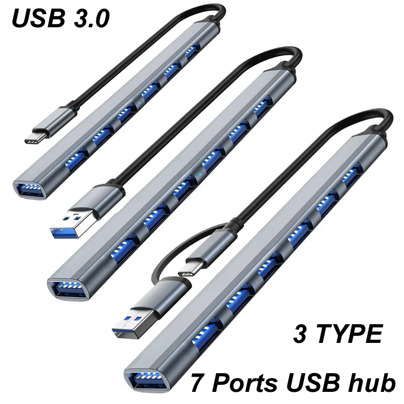 Алюминиевый Разветвитель USB TYPE C 3,0/3,1 на 7 портов с поддержкой OTG