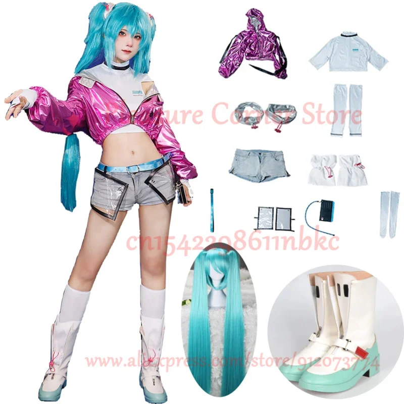 Костюм для косплея MIKU, полный комплект хацуне, Yoneyama Mai, Мику, фиолетовая блестящая куртка, джинсы, шорты, косплей-костюм, униформа