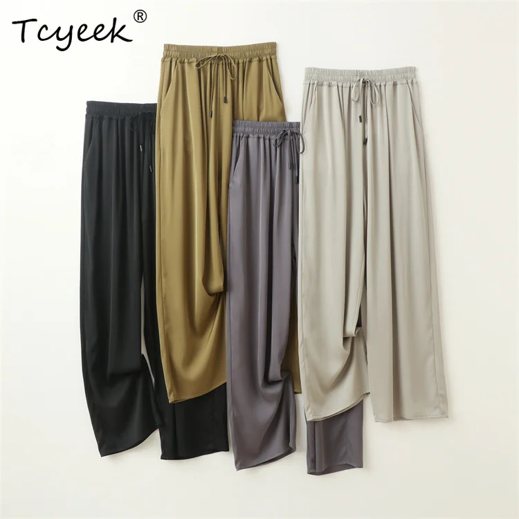 Фото Tcyeek 93% Mulberry 7% спандекс Летние брюки из ледяного шелка с эластичной резинкой на талии Прямые женские брюки Брюки Женские Летние 여름바지 여성 №2