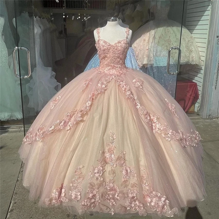 ANGELSBRIDEP Pink Ball Gown Quinceanera Spaghetti Straps Lace Appliqued Sweet 15 16 Dress Quinceañera Anos Birthday Party Gowns