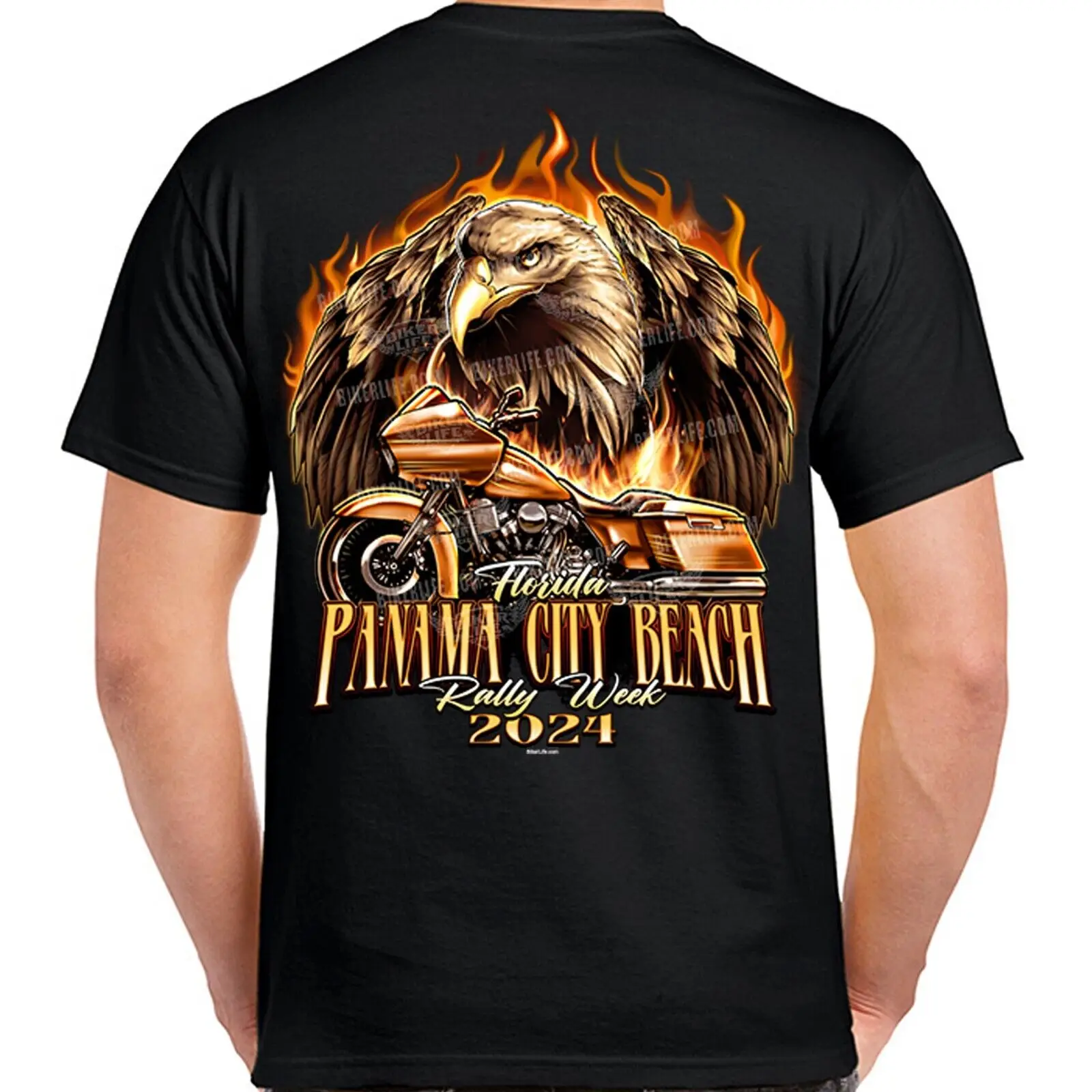 Байкерская футболка Panama City Beach Rally Week Freedom Flame Bagger 2024.