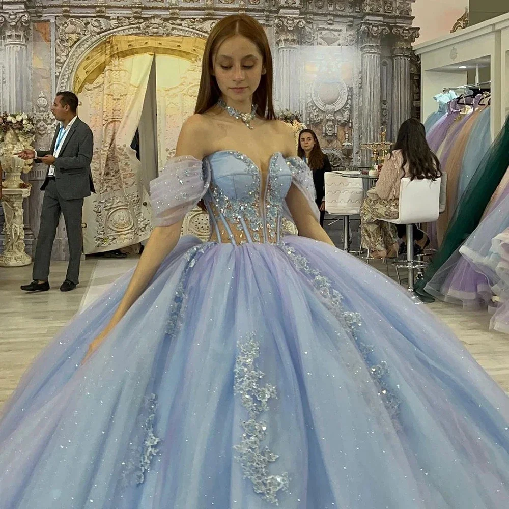 Небесное голубое платье Quinceanera, бальное платье с открытыми плечами, блестящие, расшитые блестками, с цветочной аппликацией, торжественное платье Vestidos De 15 Anos (art.: 3920cc0a3065d) - 3920cc0a3065d