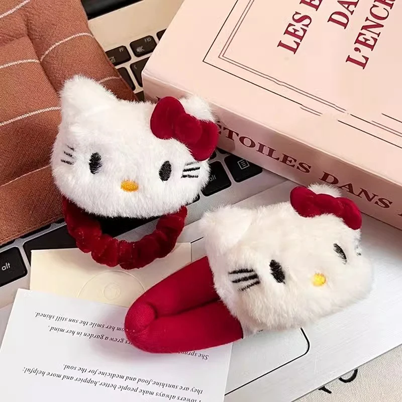 Sanrio с леопардовым принтом, черная кожа, кольцо для волос «Hello Kitty», заколка для волос, осень-зима, милый головной убор с героями мультфильмов, аксессуары для волос в форме сердца для девочек
