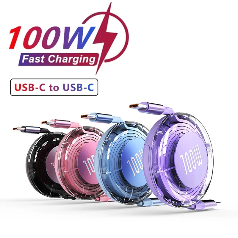 Выдвижной кабель типа USB C к Type C 100 Вт PD для быстрой зарядки для iPhone Samsung Xiaomi MacBook iPad Портативный кабель для зарядного устройства