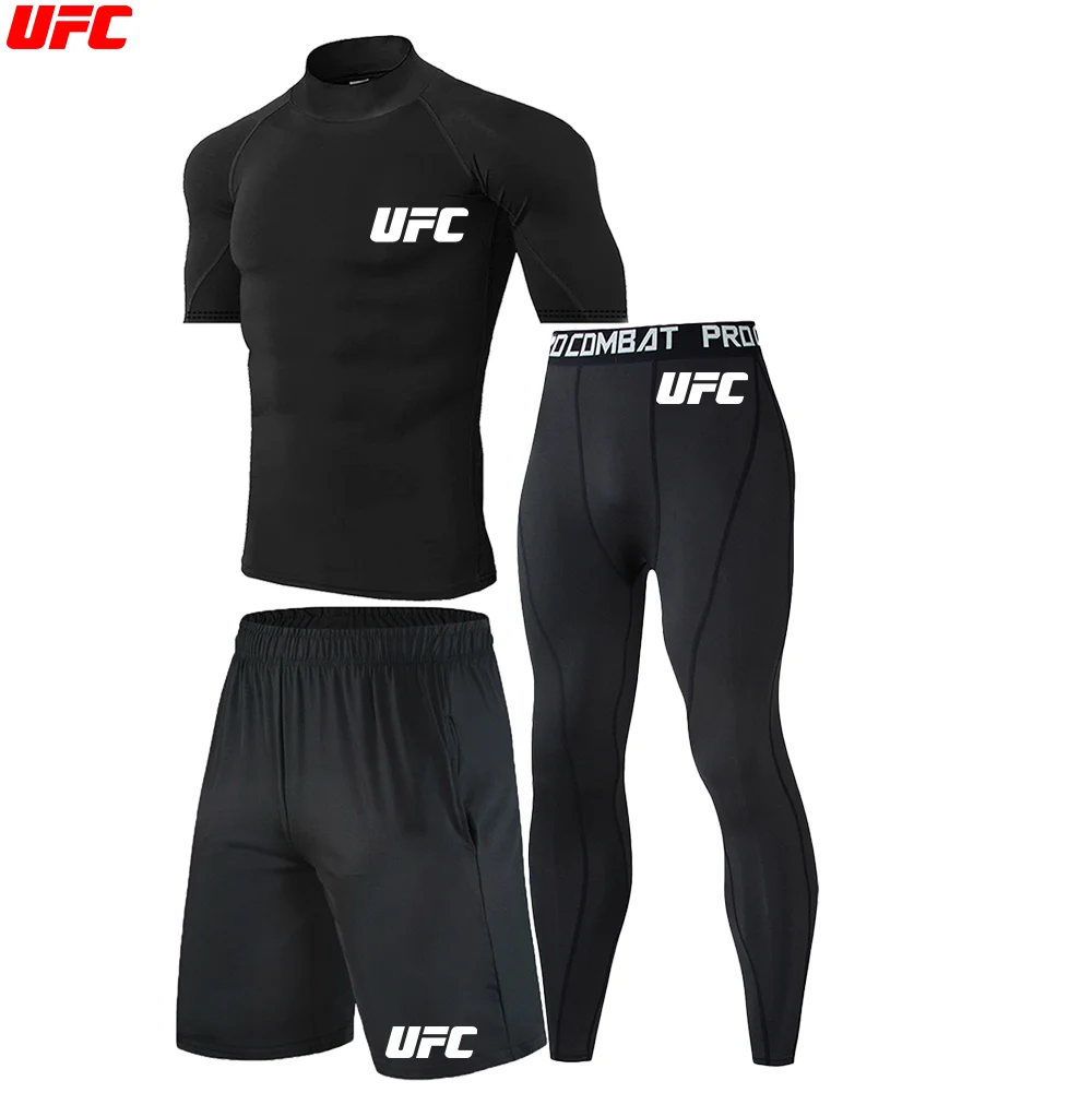 Фото UFC 3 шт. Рашгард для джиу-джитсу, футболка с высоким воротом, мужская рубашка для ММА, длинные брюки, шорты для тайского бокса, рубашка для бокса, спортивный костюм №3