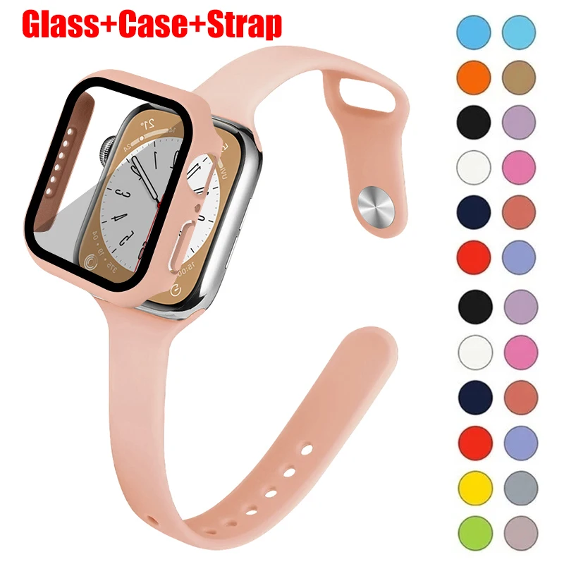 Стекло + фото + тонкий ремешок для Apple Watch band 44 мм 40 мм 45 мм 41 мм 38 мм 42 мм силиконовый ремешок для часов iWatch series 4 5 6 se 7 8