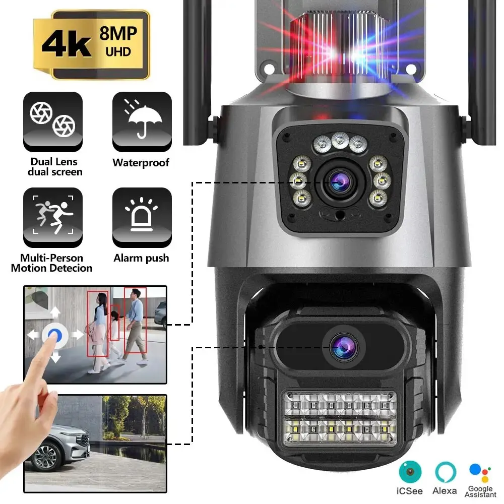 8MP 4K Wifi камера с двумя объективами, защита безопасности, водонепроницаемая камера видеонаблюдения, камера видеонаблюдения, полицейская светильник, сигнализация, ip-камера