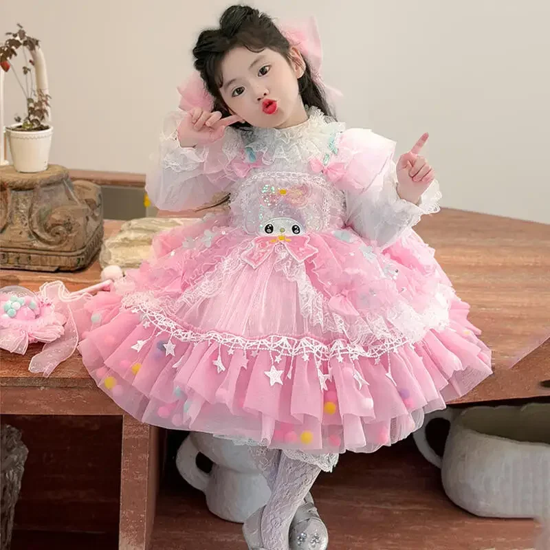 Винтажное кружевное платье Лолиты My Melody для девочек с рюшами и юбкой-пачкой, милое многослойное праздничное платье принцессы для детей, праздничное бальное платье