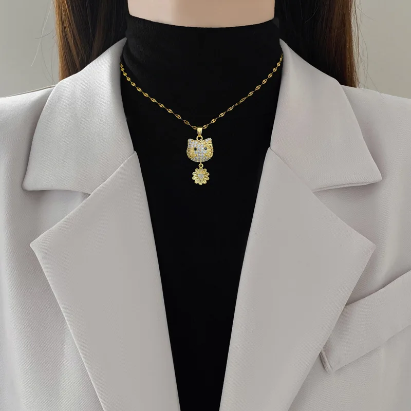 Новое ожерелье Sanrio Hello Kitty с цветком и цирконием, кулон в виде кота, ожерелье из нержавеющей стали, женская цепочка на ключицы, подарки для девочек Товары АСГ