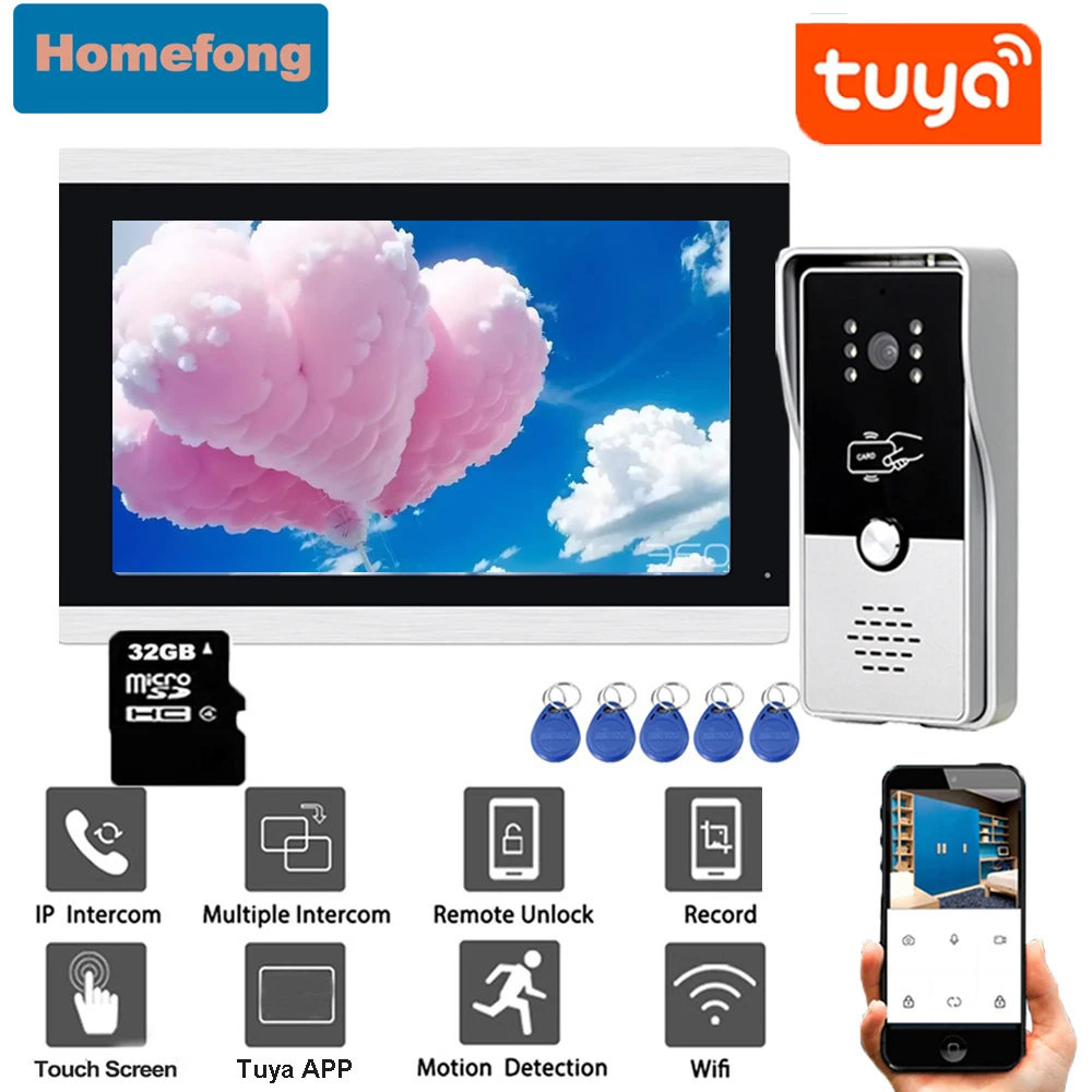Видеодомофон Homefong, 10 дюймов, 1080p, с камерой, Wi-Fi