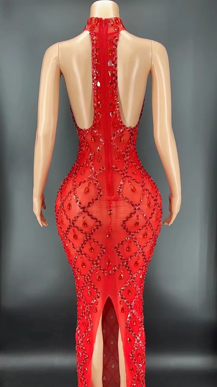 Фото Платье Red Diamond на красном дном для ночного клуба, бара, певицы, DJDS, одежда для выступлений, сценическая одежда, халат Femme Chic Et Élégante №5