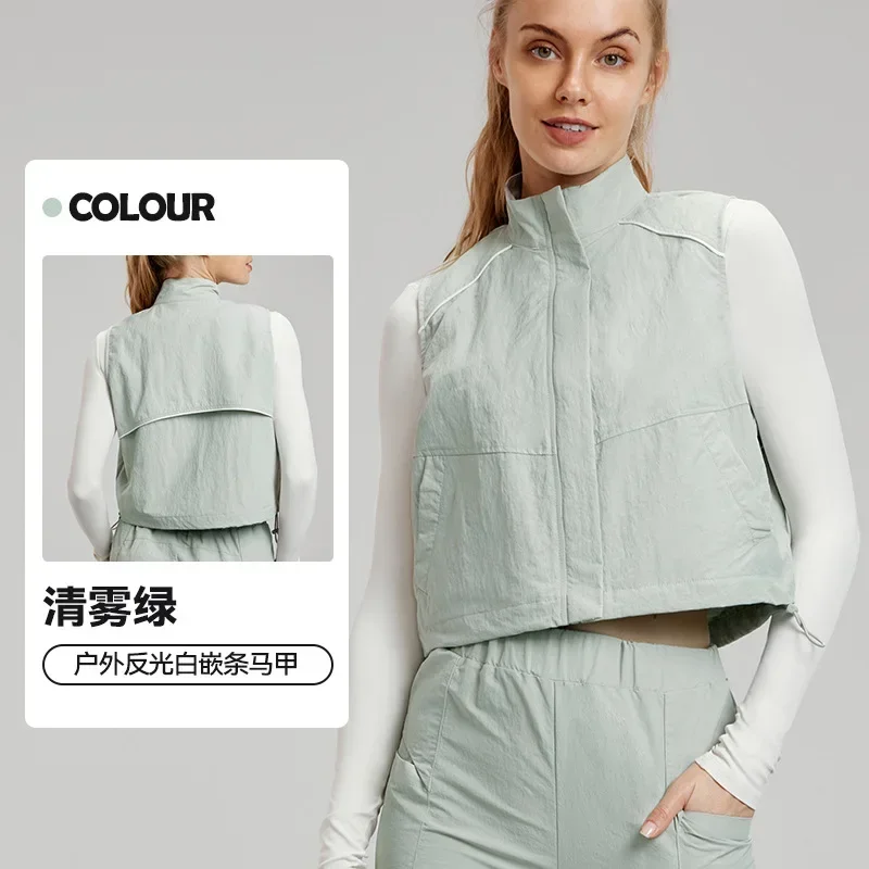 Фото New Sport Shirt Women's Autumn Training Coat Sleeveless Casual Sports Top Thin Coat with Reflective Stripe Night Running Clothes №5