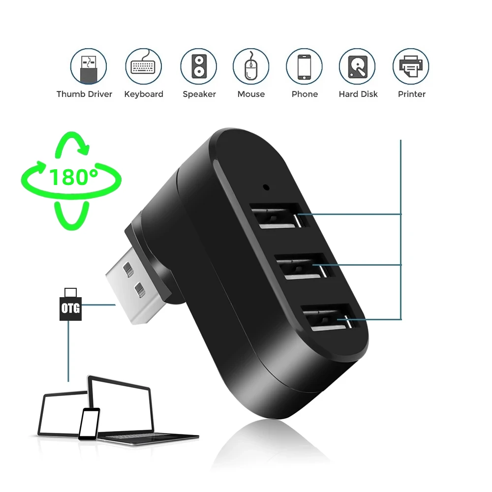 USB-концентратор на 3 порта USB 2,0, вращающийся, высокая скорость передачи данных, разветвитель, 2,0 для пк, ноутбуков Mac Pro