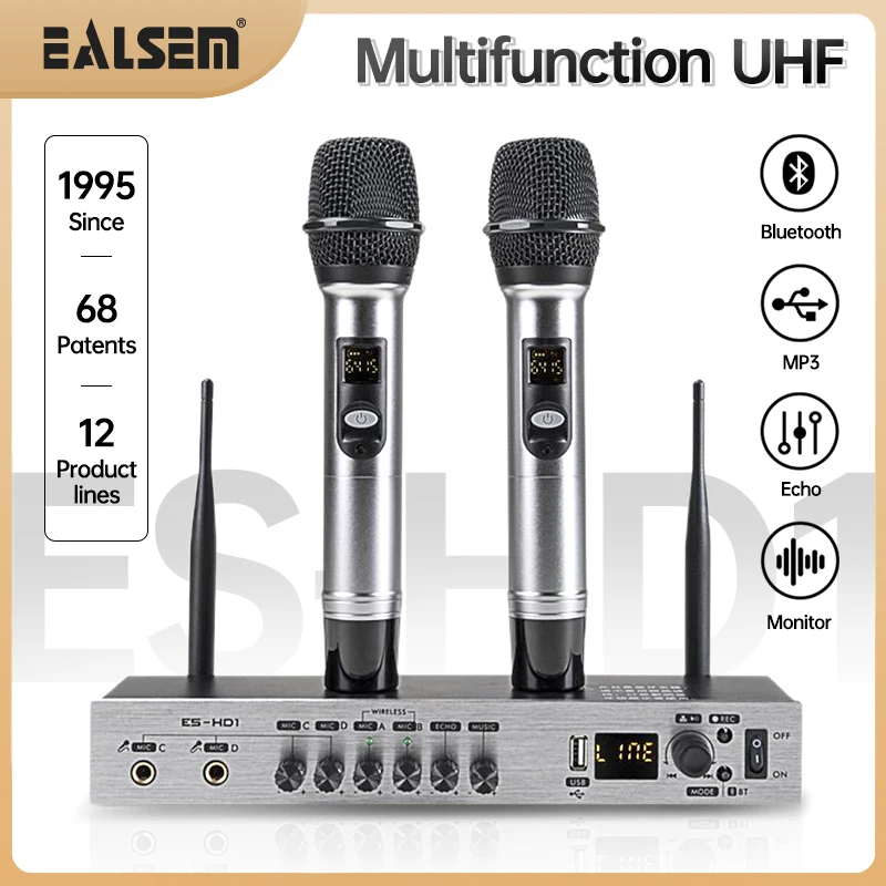EALSEM HD1 UHF Многофункциональный 4-канальный беспроводной микрофон с USB2.1 Bluetooth MP3 запись эхо музыки 100 м 640-690 МГц