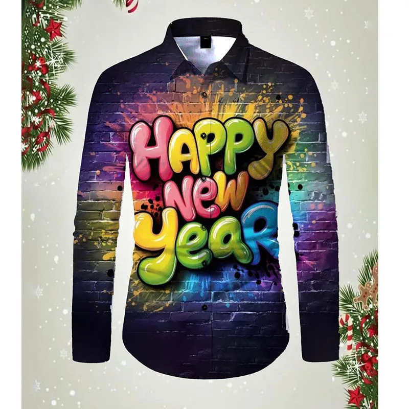 2025 Happy New Year Shirt 3D Print Graffiti Hip Hop Pattern Long Sleeve Shirts Festival Fashion Fun Trend Best Gift New Blouse