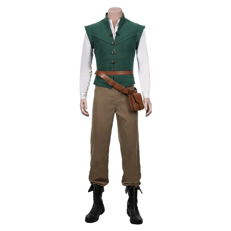 Фото Костюмы для косплея Flynn Rider, наряд для взрослых, куртка, рубашка, жилет, брюки, поясная сумка, полный комплект, костюм для вечеринки в стиле комиксов на Хэллоуин, подарок №2