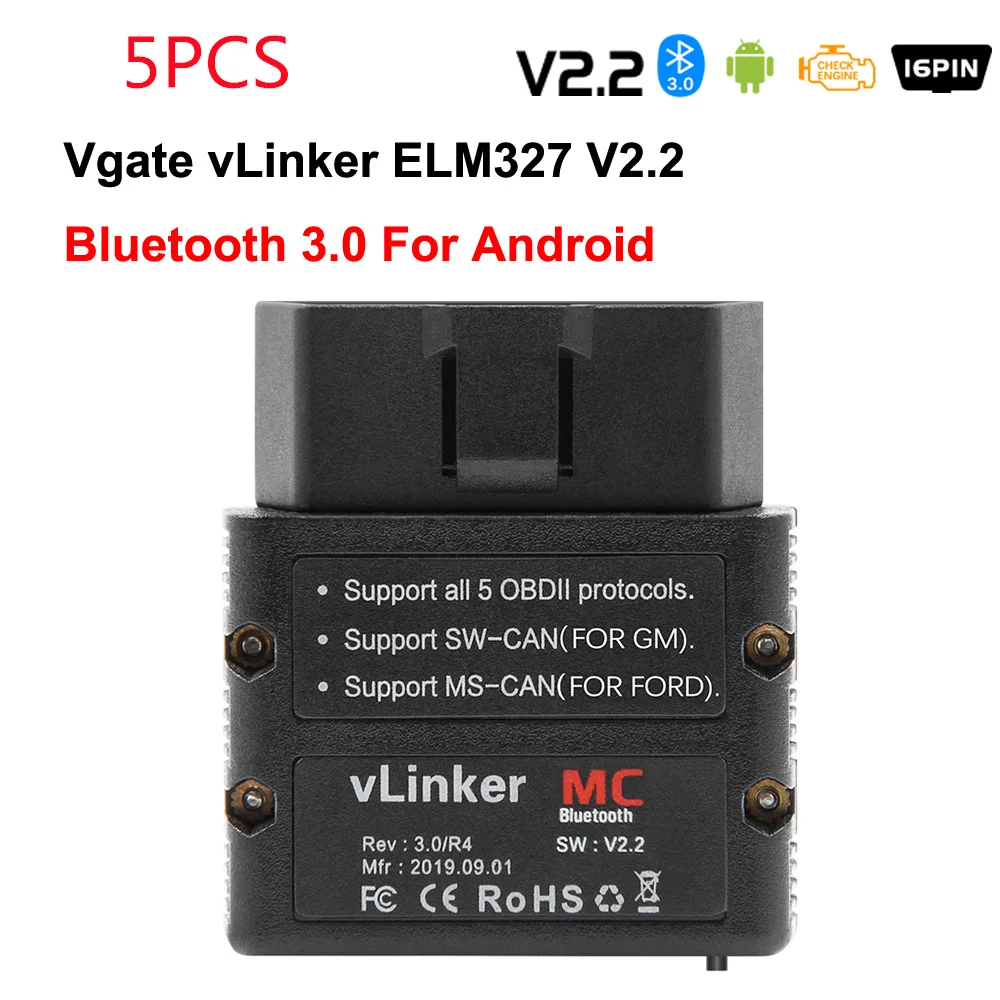 Автомобильный сканер Vgate vLinker MC + ELM 327 V2.2, совместимый с Bluetooth, автомобильный диагностический инструмент ELM327 OBD 2 ODB2 с поддержкой Wi-Fi, 5 шт.