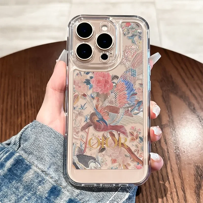 Фото Чехол для телефона для iPhone 16, 15, 14, 13, 12, 11 Pro Max Plus, китайский стиль, цветочный птичий принт, INS Art, противоударный защитный мягкий чехол №2