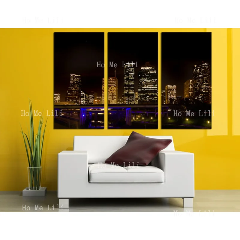 Houston Texas Skyline At Night -3 панели сплит-триптих холст с принтом городской пейзаж с плакатом с подсветкой небоскребы для офисной стены
