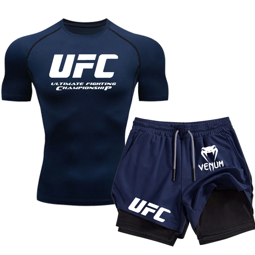UFC мужской новый летний спортивный комплект с короткими рукавами для фитнеса и уличного бега, комплект боевых плотных эластичных футболок и шорт
