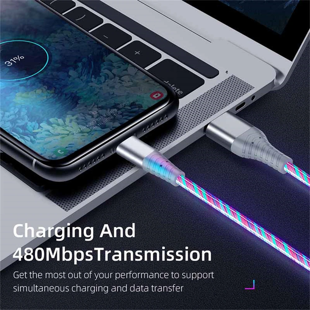 Фото Светящийся кабель 100 Вт, 7A, кабель Micro USB Type-C, кабель для быстрой зарядки для Huawei, потоковый светящийся провод, шнур для передачи данных для Samsung, Xiaomi №4