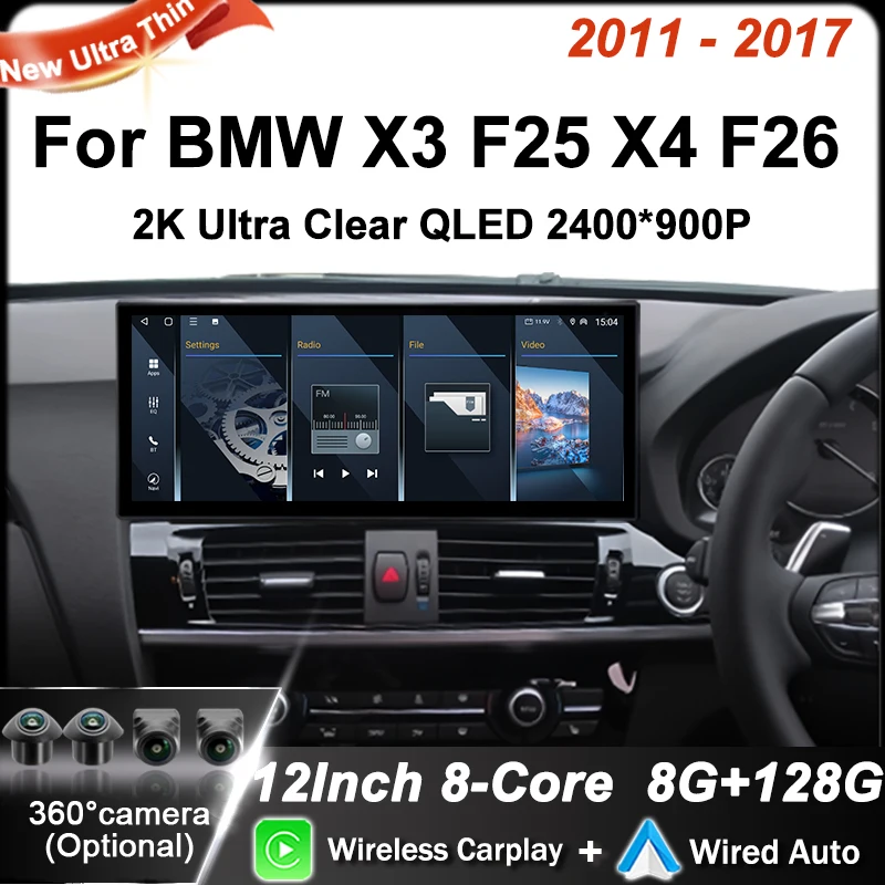 Автомобильный радиоэкран для BMW X3 F25 X4 F26 2011 2012 2013 2014 2015 2016 2017 CIC NBT System 4G с правым рулем, беспроводной Carplay Android 14, аудио стерео DSP