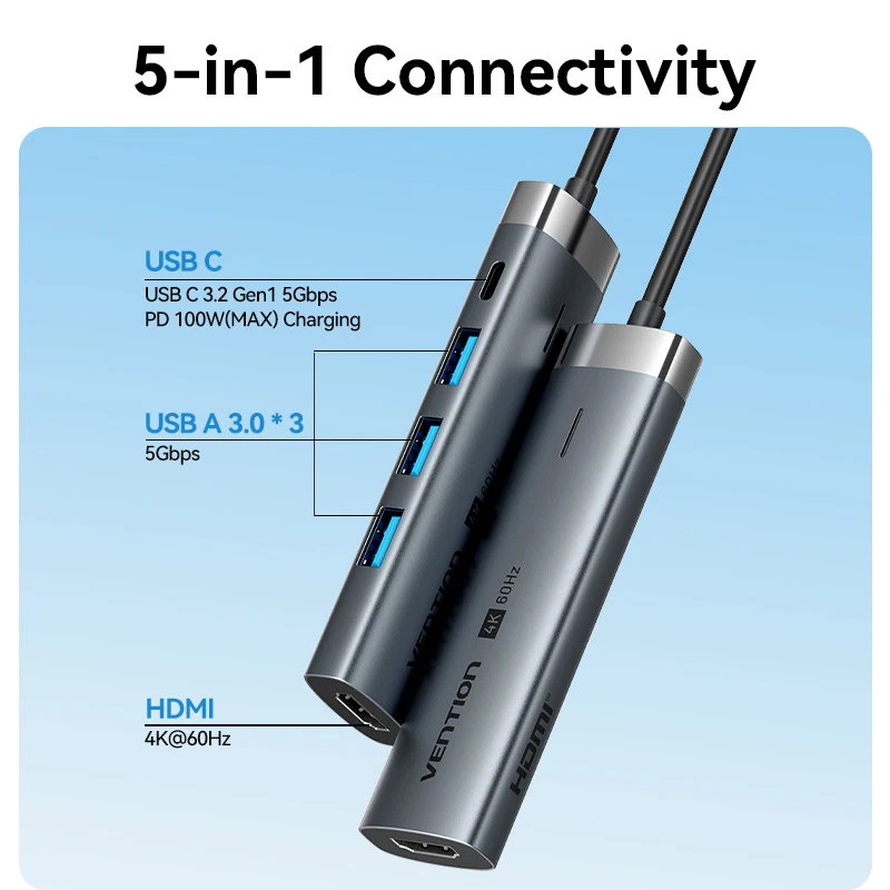Фото Vention 5 в 1 USB C HDMI 4K 60 Гц HUB USB 3.0 3.2Gen1 5 Гбит/с PD 100 Вт адаптер-сплиттер для ноутбука MacBook iPad Air Samsung Xiaomi №2