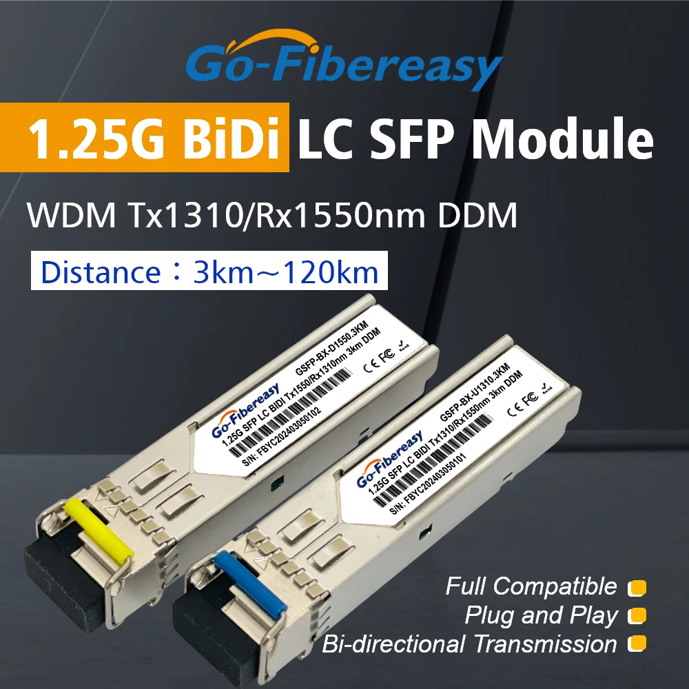 Модуль приемопередатчика SFP BiDi LC WDM 1,25G Tx1310/Rx1550nm 3 км/10 км/20 км DDM, совместимый с коммутатором Ethernet TP-Link, Miktotik/Zyxel