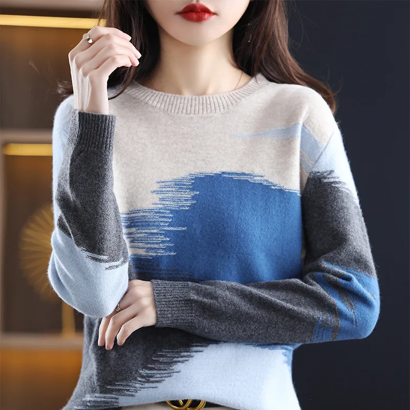Фото Цветные блоки с круглым вырезом Vrouw Truien Dames Pull Hiver Femme Chandails Frau пуловер зимняя одежда вязаные топы женские свитера 2025 №3