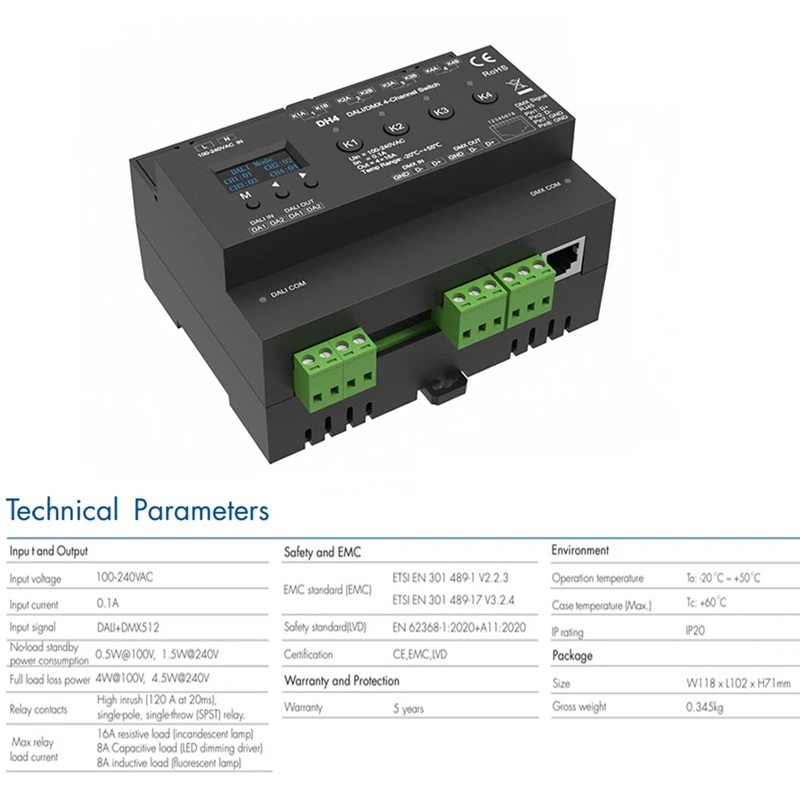 Фото For DMX 4-Channel Switch With OLED Display Screen Relay 4CH Dry Contact Output 4 Address DMX-RDM Din Rail 100-240VAC №5