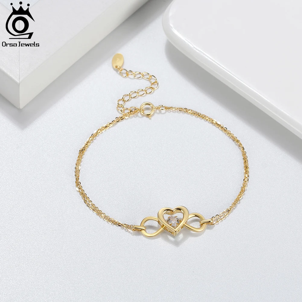 Фото ORSA JEWELS браслет-цепочка с кубическим цирконием в форме сердца для девочек, подарок, стерлинговое серебро 925 пробы, браслет-цепочка с фианитом, свадебная вечеринка SB135 №4