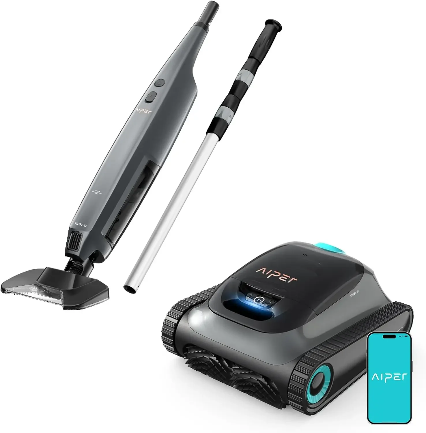СОВЕРШЕННО НОВЫЙ робот-пылесос для бассейна Aiper Scuba S1 2025 Grey — с ручными пылесосами для бассейна Pilot X1, идеально подходит для подземных и надземных работ