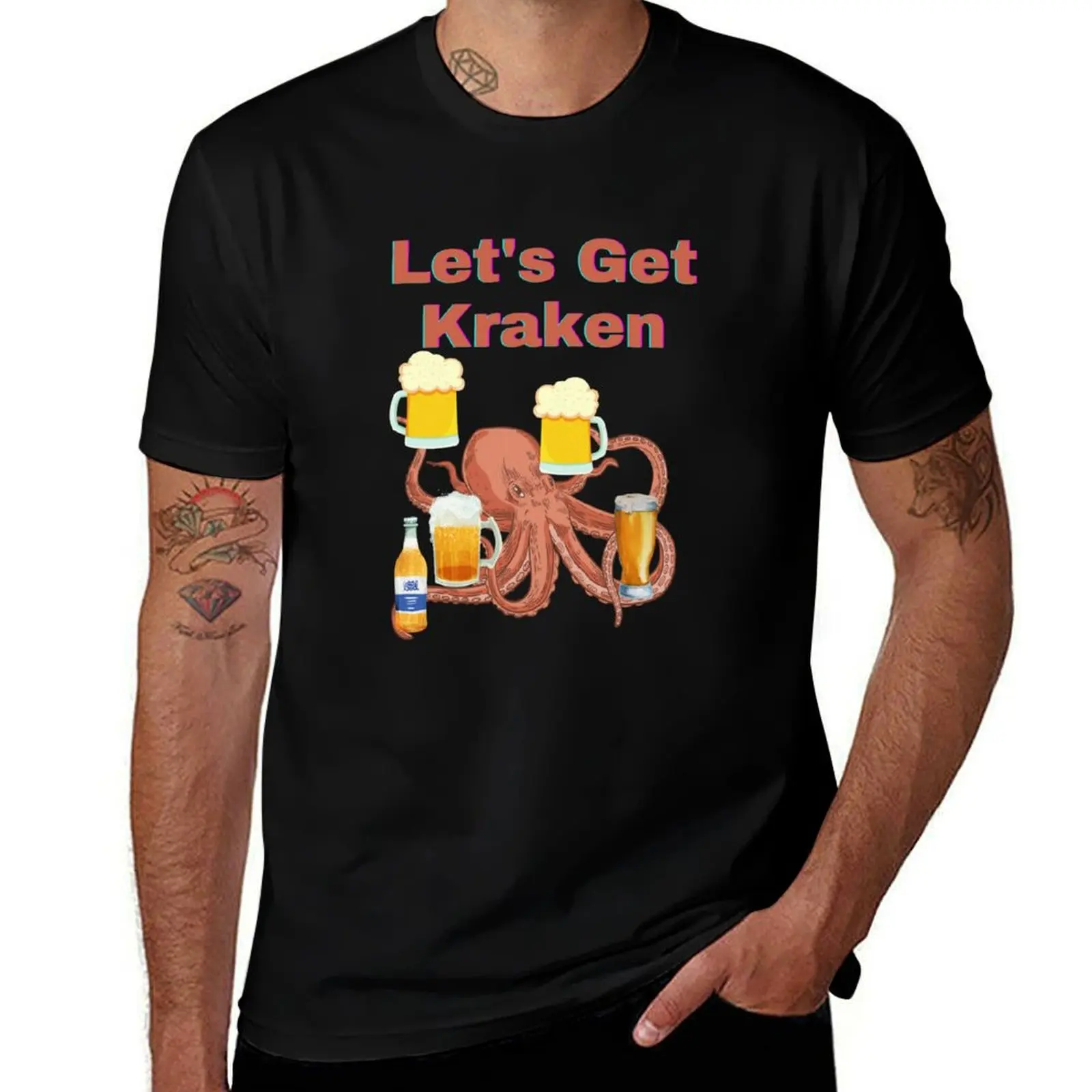 Футболка Let's Get Kraken with Beer, рубашка в стиле аниме, забавные подарки, хлопковые футболки с рисунком, мужская одежда