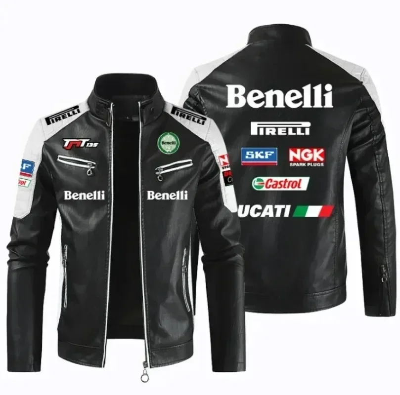 Фото BENELLI мотоциклетная куртка из искусственной кожи с логотипом автомобиля, лоскутные байкерские куртки, повседневное пальто на молнии, мужская мотоциклетная куртка, верхняя одежда, пальто №4