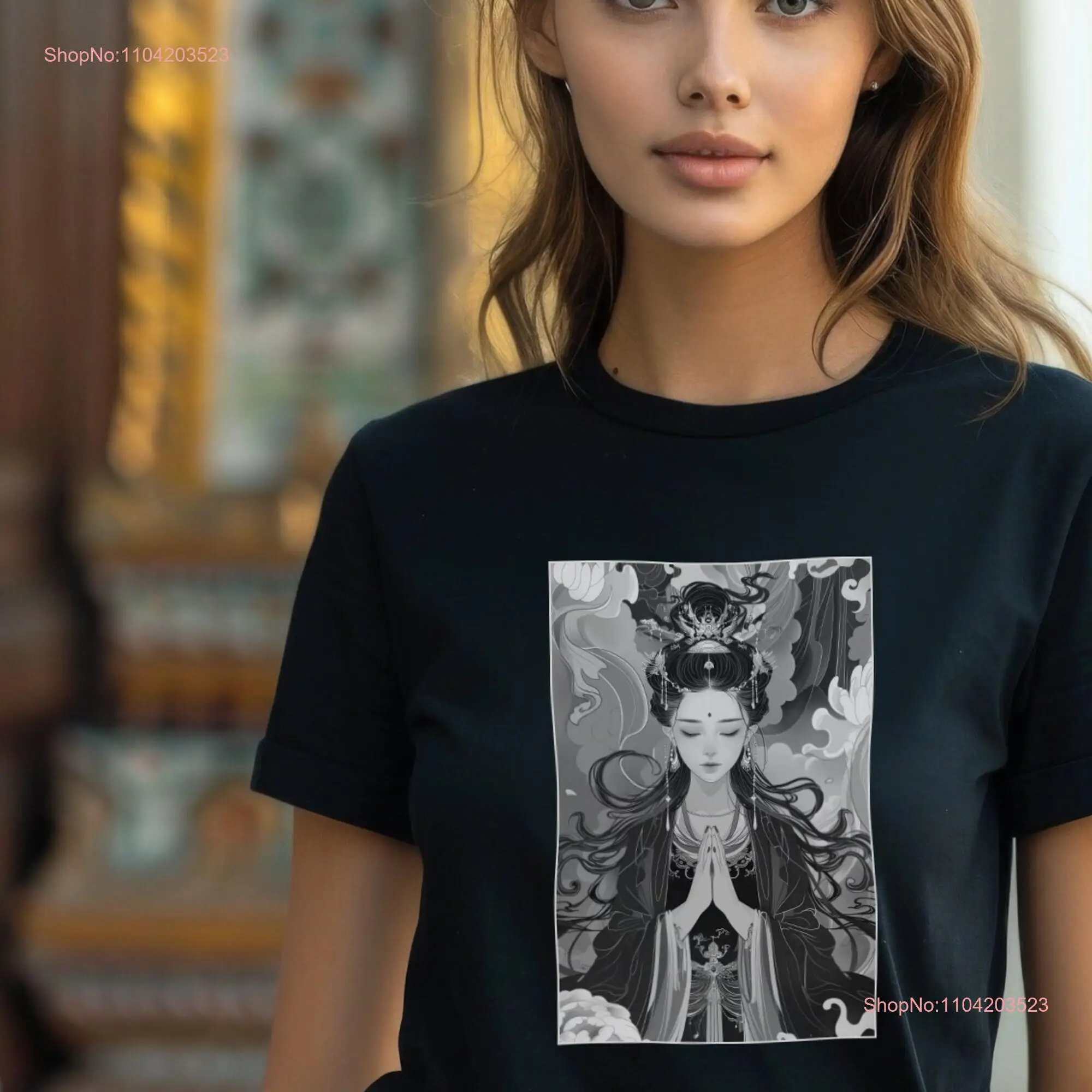 Футболка Kwan Yin Pose Pose Духовный мирный изображение Пол Нейтральный Гуань с длинными или короткими рукавами