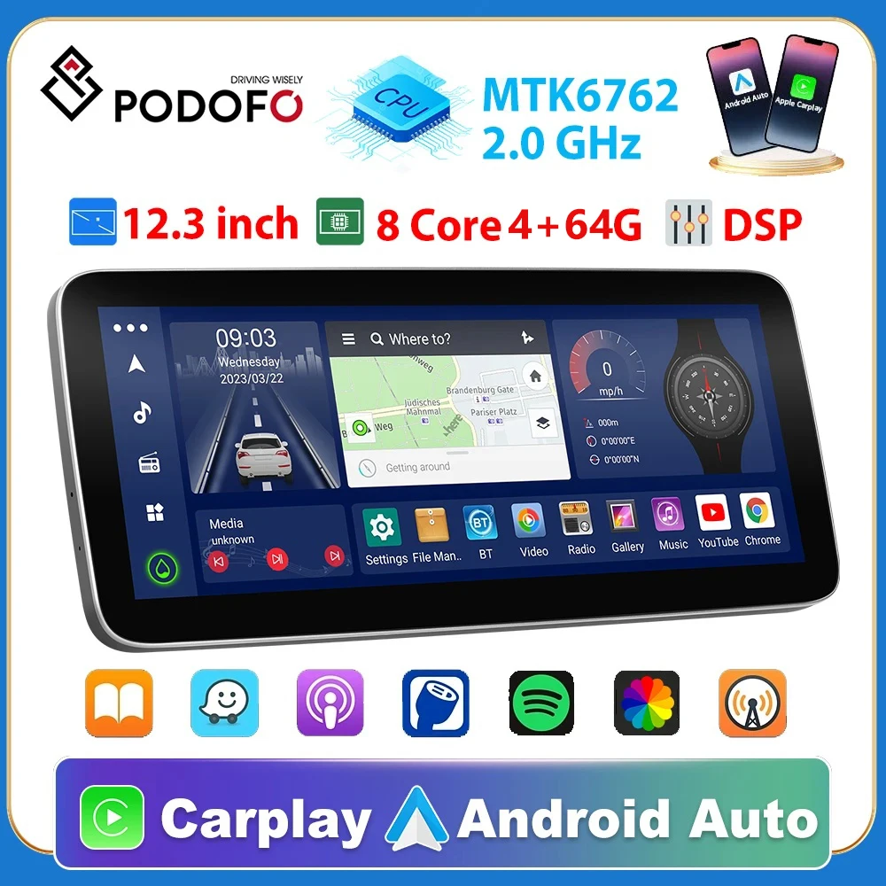 Podofo 8 ядерный автомобильный Радио GPS Android 12 стерео Carplay автомобильный мультимедийный плеер DSP BT FM навигация 2 din