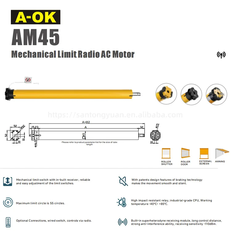 Фото A-OK AM45-50/12-E Наружный солнцезащитный козырек Моторизованные рулонные жалюзи 50 нм Жалюзи 45 мм Трубчатый двигатель AOK №5