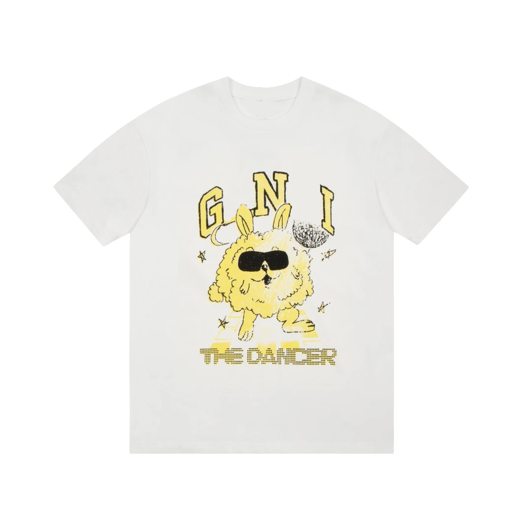 23SS Высококачественная футболка Ganny t shirtGANNI с улыбающимся лицом яйцом желтая футболка с коротким рукавом с мультяшным кроликом