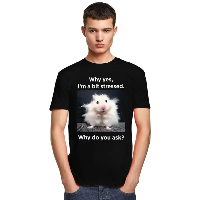 Фото Футболка I'm A Bit Stressed Why Do You Ask для мужчин Футболка Повседневная футболка с короткими рукавами Забавная футболка с хомяком Свободная посадка Одежда Подарок №5