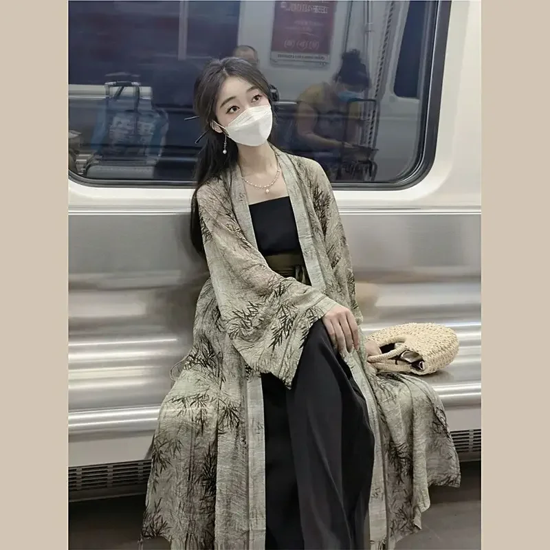 Фото Новый китайский стиль Hanfu, женский свободный костюм династии ханьфу из 2 частей, кимоно, Винтажный Зеленый костюм ханьфу №2