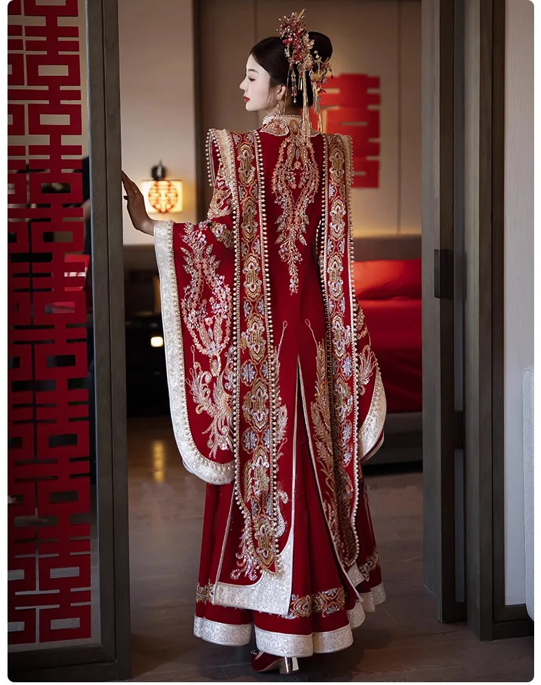 Фото Китайское свадебное платье для невесты Qipao традиционная классика костюм Тан ханьфу Изысканная вышитая бисером свадебный костюм №2