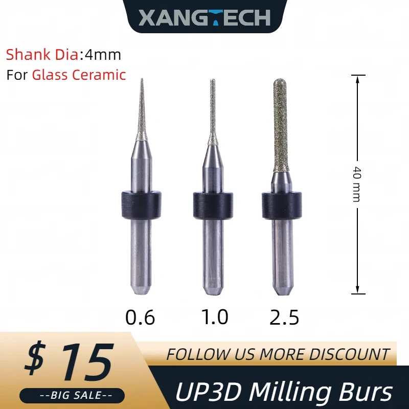 XANGTECH UP3D стеклокерамические фрезерные боры 0,6/1,0/2,5 для стоматологических инструментов дисиликата лития CAD CAM фрезерный бор стоматологическая дрель резак