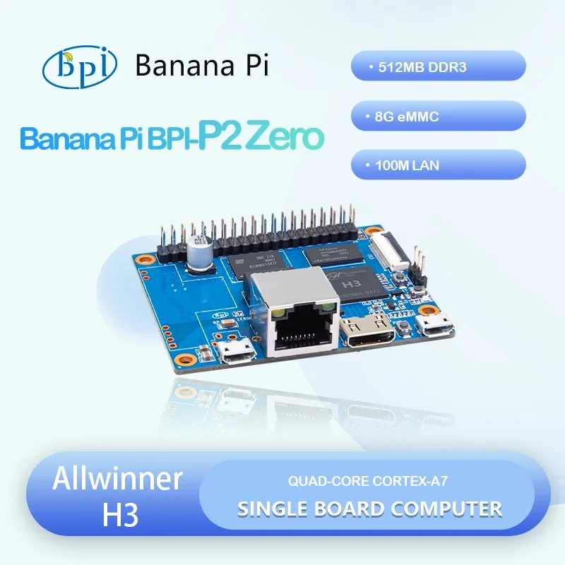 Banana Pi BPI-P2 Zero Allwinner H3 Четырехъядерный процессор Cortex-A7 512M DDR3 8G eMMC Поддержка PoE Run OS Android Linux Одноплатный компьютер