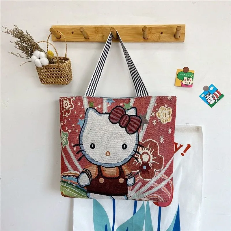 Sanrio Hello Kitty сумка мультфильм аниме милая сумка через плечо с вышивкой большая вместительная модная сумка-тоут для отдыха сумка для покупок подарки