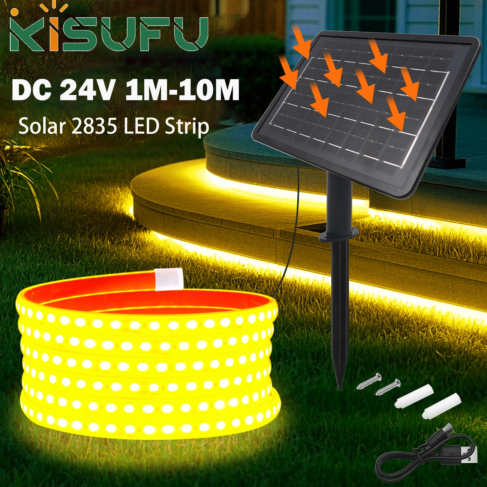 DC24V USB/Solar Powered 2835 Светодиодная лента Водонепроницаемая 2M 5M 10M Гибкая силиконовая светодиодная лента с солнечными панелями 1,3 Вт 6 Вт 9 цветов