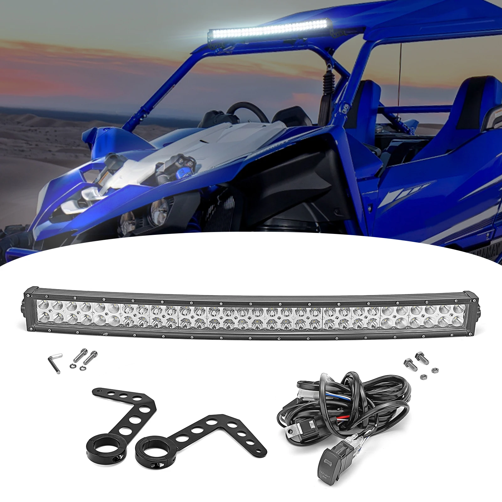 Для Yamaha YXZ1000R UTV крыша 2016-2024 гг., 32 дюйма, изогнутый светодиодный рабочий светильник 180 Вт, монтажные кронштейны, комплект крепления, аксессуары