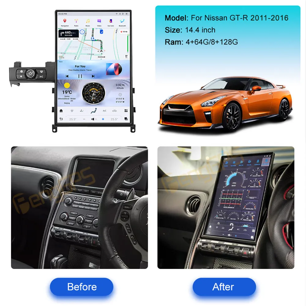 Фото 14,4-дюймовый автомобильный радиоприемник Android 13 CarPlay для Nissan GTR 2011-2016, мультимедийный плеер с сенсорным экраном, GPS-навигация, головное устройство DSP WIFI BT №2