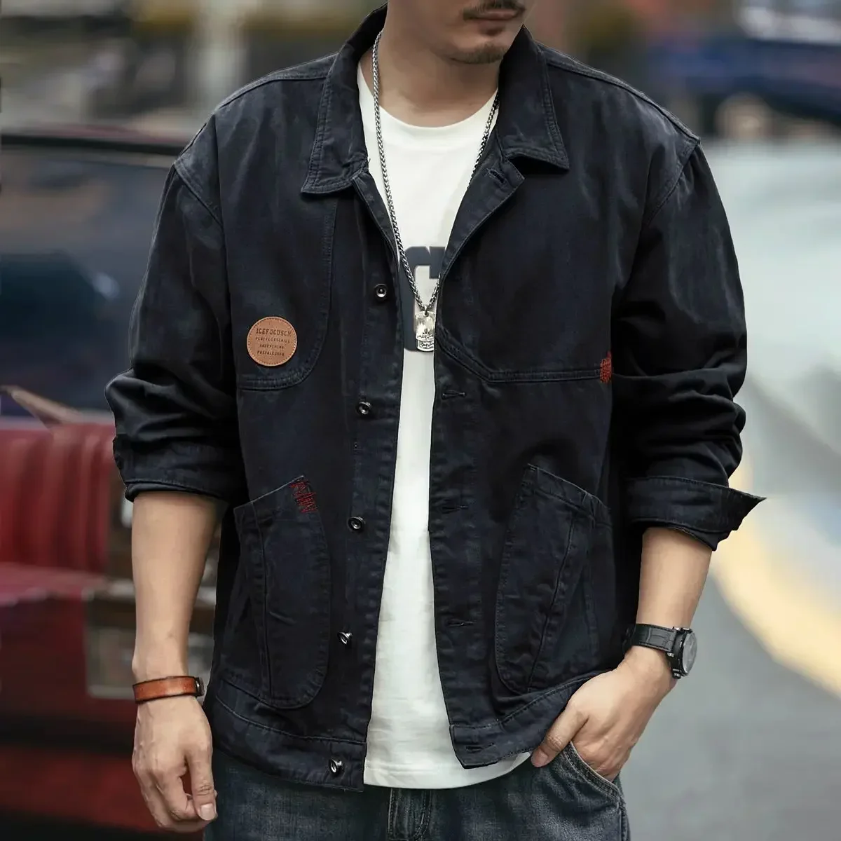 Фото Vintage Men's Denim Jacket Autumn Korean Popular Clothes Y2k Original Elatic Trendy Male Jean Coats Branded High Quality Lxury №4