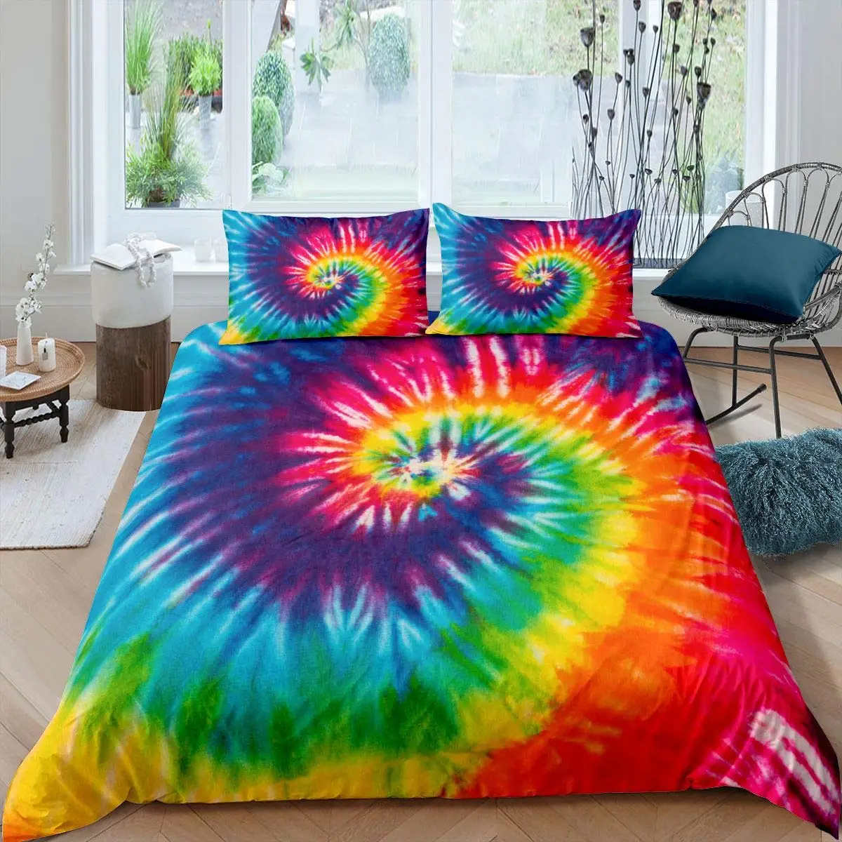 Фото Комплект пододеяльников Tie Dye в богемном стиле хиппи со спиральным принтом, комплекты постельного белья Queen, комплекты постельного белья в этническом стиле в стиле бохо для мужчин, женщин и детей №3
