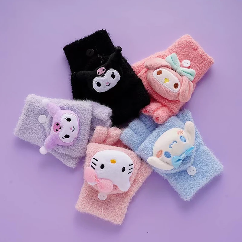 1 пара милых флип-перчаток Sanrio, плюшевые коралловые зимние теплые перчатки, милые толстые мужские и женские перчатки с героями мультфильмов, голые перчатки с половиной пальца